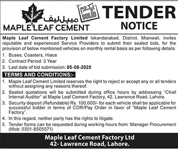 Maple Leaf Cement Lahore Tender Notice